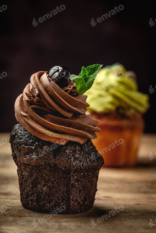 Preview: Chocolate Cupcake with Cherry and Mint Sprig