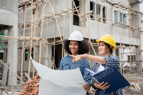 Preview: The engineer manager and the female foreman are standing on the building site.