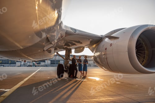 Preview: Airplane near the terminal in an airport at the sunset. Pilot and two stewardesses