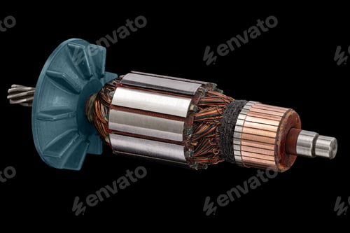 Preview: Rotor or of anchor electric motor closeup, isolated on black background
