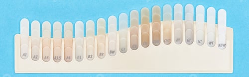 Preview: panoramic shot of teeth samples with different shades isolated on blue