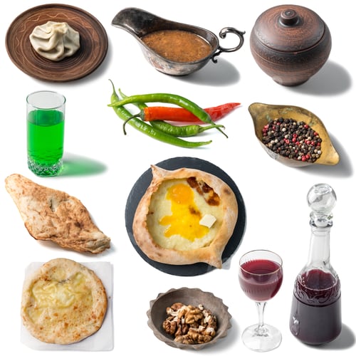 Preview: Set of georgian traditional foods, khachapuri, chebureki, khinkali