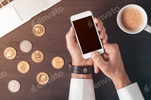 Preview: Cryptocurrency trading mobile phone app mockup screen, top view