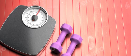 Preview: Bathroom scale and pair of dumbbells against red wood floor. 3d illustration