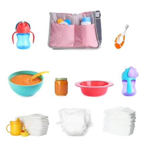 Preview: Set with different baby accessories on white background