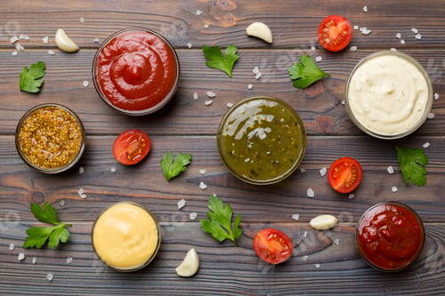 Preview: Many different sauces and herbs on table, flat lay top view. sauces with spices healthy concept