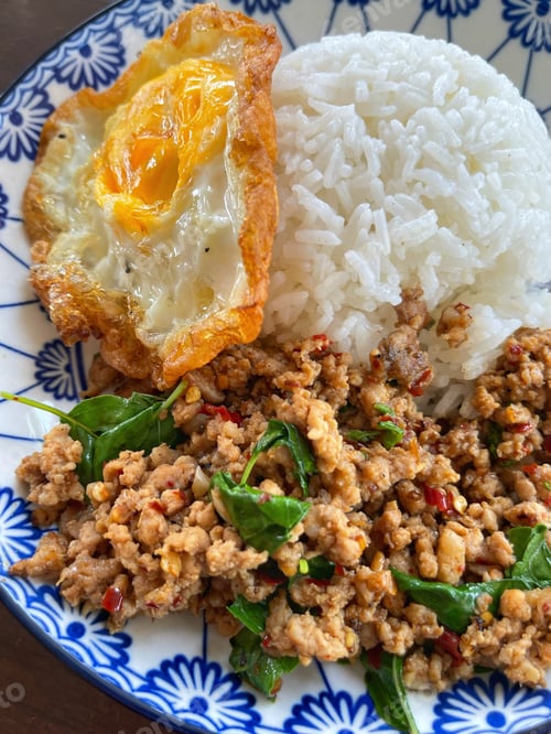 Preview: Rice topped with stir-fried pork and basil, Rice topped with stir fried minced pork and basil