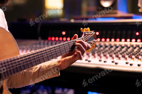 Preview: Skilled singer performing on his electro acoustic guitar in control room