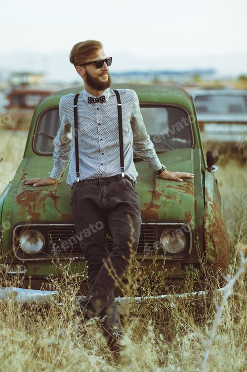 Preview: Portrait of a young handsome stylish man, wearing shirt and bow-