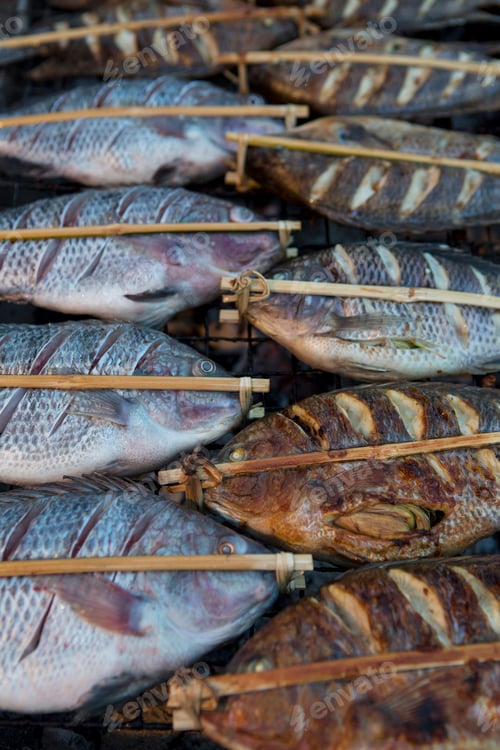 Preview: Close up of barbecued fish, Luang Prabang, Laos