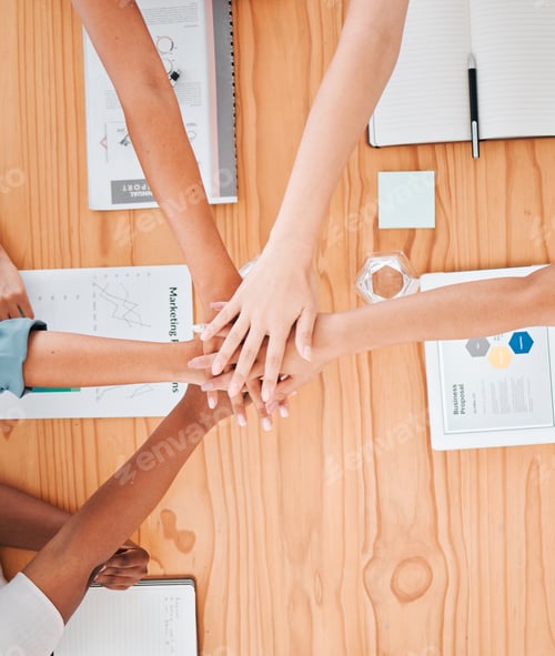 Preview: Team building, partnership hands and business people with support, trust and teamwork in company wo