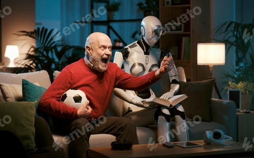 Preview: Man and humanoid robot with different interests
