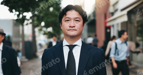Preview: Japanese man, city street and portrait for pride as attorney in law firm, business or company. Male