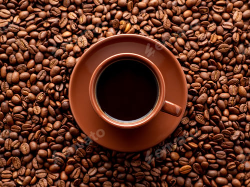 Preview: brown cup of espresso on background of scattered coffee beans, top view, close up, macro