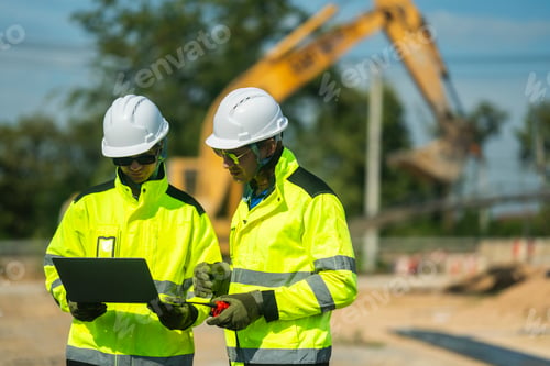 Preview: An engineer in visibility jacket and helmet working on construction site.