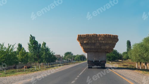 Preview: Truck loaded with hay on the road