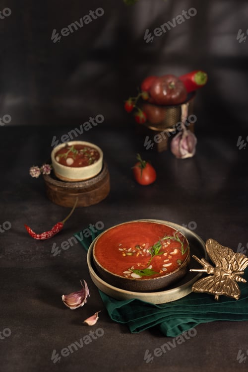 Preview: A bowl of Spanish tradicional cold tomato and cucumber gazpacho soup.