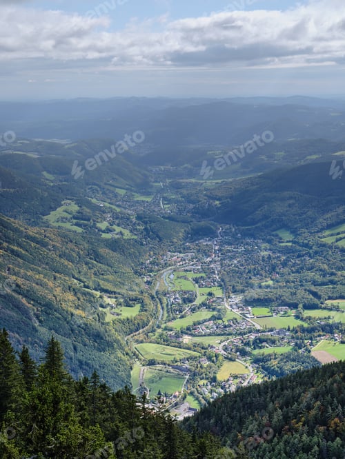 Preview: View of the surrounding villages and hills from the Rax mountain range in Austria