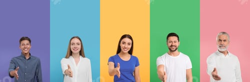 Preview: Friendly people welcoming, collection of portraits on different colors backgrounds
