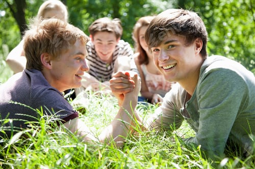 Preview: Teenage boys arm wrestling in grass