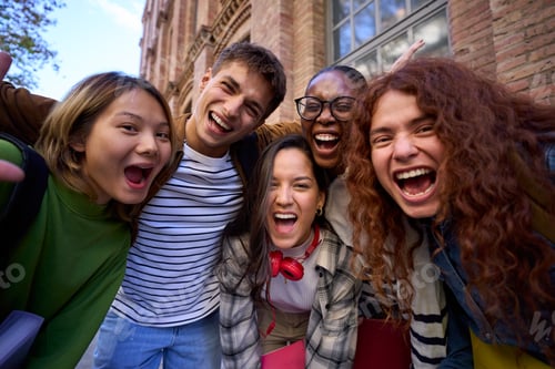 Preview: Portrait multiracial group student hugging looking excited at camera together at university campus.