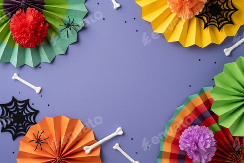 Preview: Vibrant Day of the Dead decorations featuring colorful paper flowers, bones