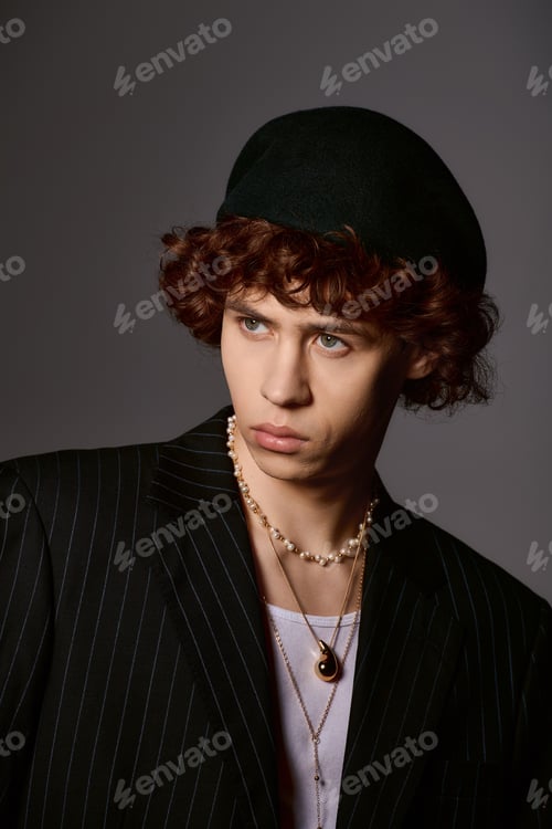 Preview: Young stylish man showcasing modern fashion in a creative studio setting