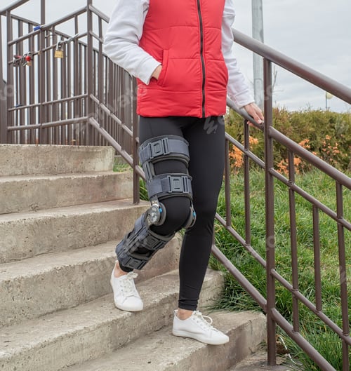 Preview: Woman wearing knee brace or orthosis after leg surgery, walking in the park