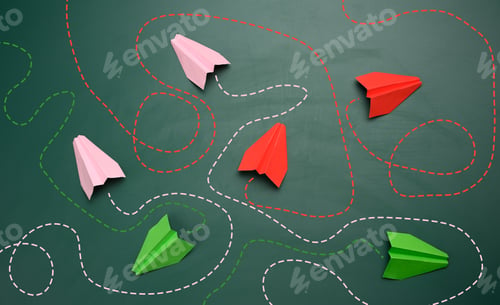 Preview: Group of paper planes with long tangled paths on a green background.