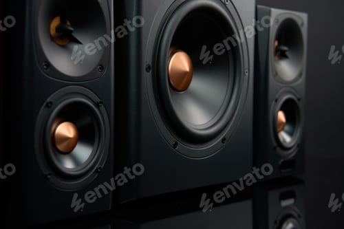 Preview: Sound audio system with two satellites and subwoofer on dark background.