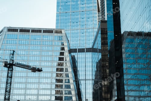 Preview: Modern office buildings and crane. Skyscraper construction, business center. High-rise buildings