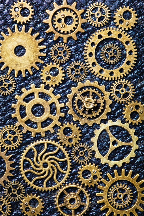 Preview: steampunk mechanical cogs gears wheels on leather background