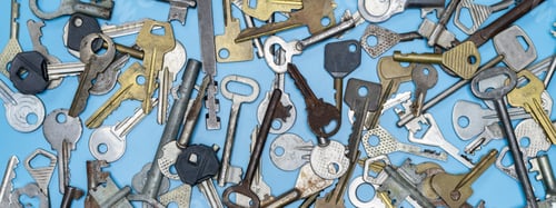 Preview: Keys set on blue background. Door lock keys and safes for property security and house protection