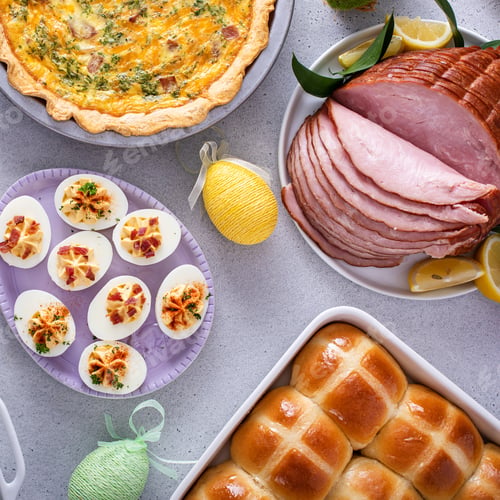 Preview: Easter brunch table with ham, quiche, hot cross buns