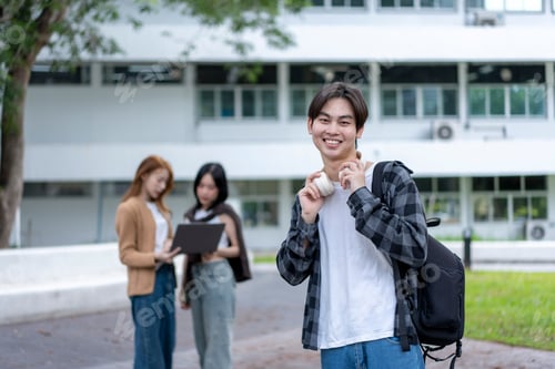 Preview: A young man wearing a plaid shirt and a backpack is smiling for the camera