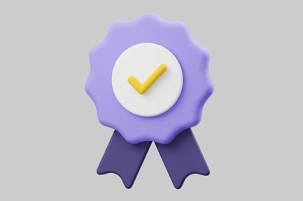 Preview: Award ribbon with purple rosette and yellow checkmark.