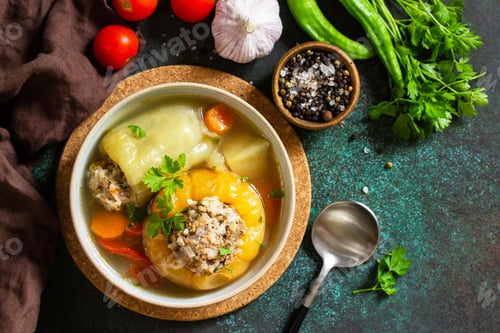 Preview: Healthy food. Bell stuffed paprika peppers with meat and bulgur in broth with vegetables. Top view f