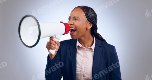 Preview: Megaphone, speech and screaming business woman in studio for change, transformation or freedom on g