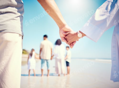 Preview: Walk, support and a child and mother holding hands at the beach for trust, love and care in Spain.