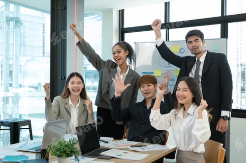 Preview: Business people smile and raise hands up, feeling happy, complete finish job, teamwork successful