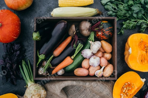 Preview: top view of ripe fresh autumn vegetables in box
