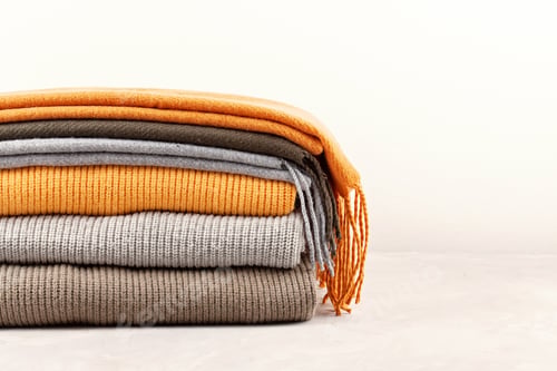 Preview: Flat lay with comfort warm outfit for cold weather. Comfortable autumn, winter clothes