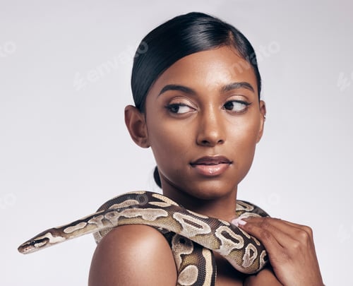 Preview: Fashion, beauty and woman in studio with snake on neck for art aesthetic with exotic zoo animal on