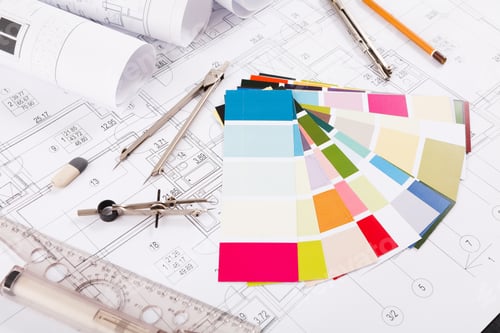 Preview: Architectural project, engineering tools on table.