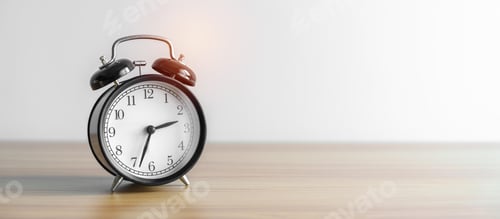 Preview: Vintage alarm clock on wooden table and copy space for text.