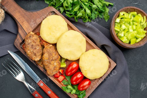 Preview: Top view of tasty cutlets chopped vegetables greens on dark background
