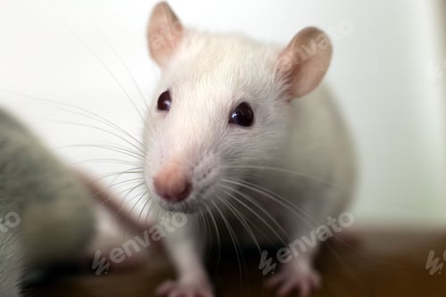 Preview: Closeup of funny white domestic rat with long whiskers.