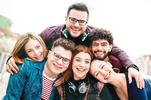 Preview: Multicultural guys and girls taking selfie outdoors with day backlight