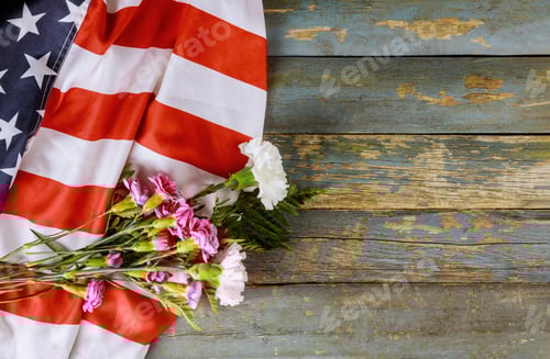 Preview: American Flag and Pink Flowers on Weathered Wood