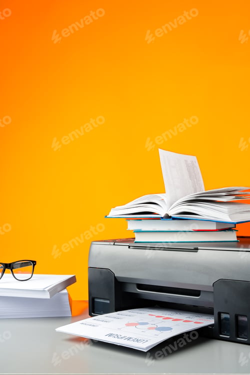 Preview: Laser printer on desk against yellow background.